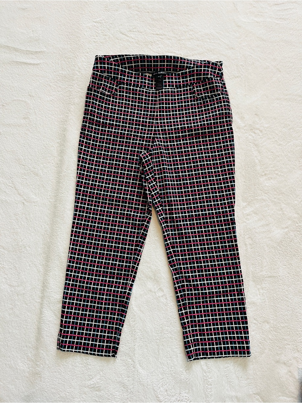 Black Grid Ankle Pants with Pink Accents